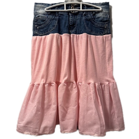 Hand Crafted Dresses & Skirts - Pink skirt up cycle hand made denim rib knit eyelet size 9